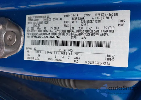 2020 Ford Escape Se from USA, damaged, VIN 1FMCU0G62LUA66943